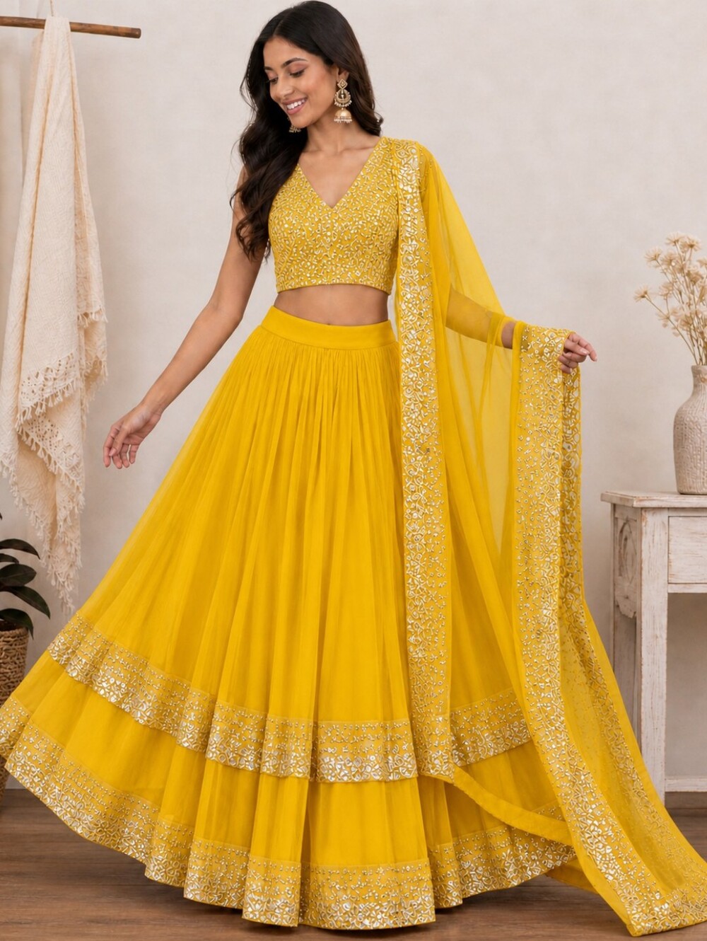 Yellow Gorgette With Sequined Work Lehenga Choli